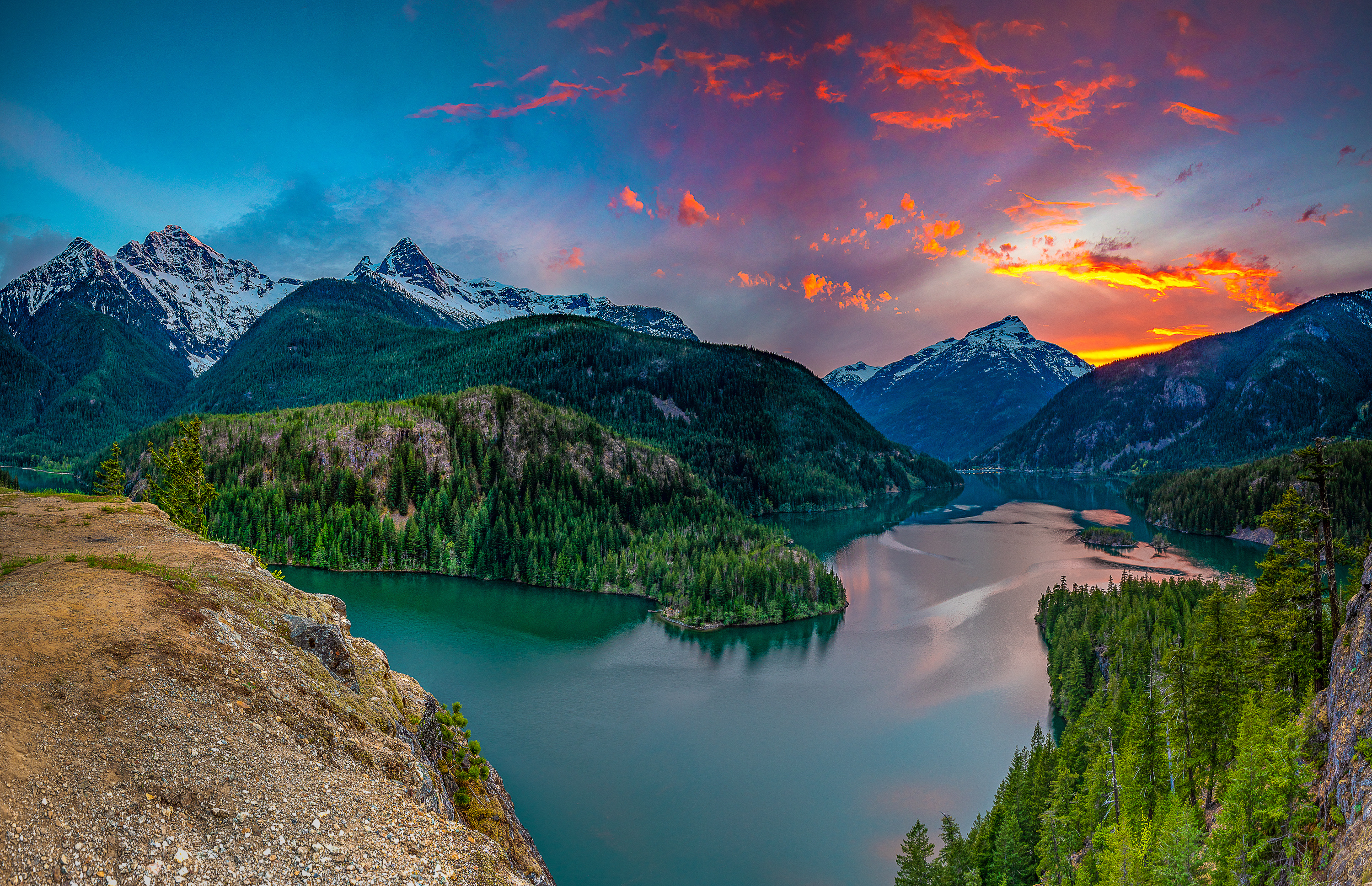 Sunset over Ross Lake at Diablo Dam, North Cascades National Park